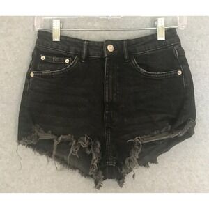 Zara Denim Shorts Womens 4 Black Raw Open Hem Mid Waist Pockets Cut-Off Jeans
